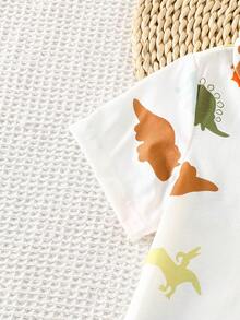 男童睡衣套装 - 两件套睡衣，短袖纽扣领上衣，长裤，恐龙印花，白色底，橙色、蓝色、绿色，可爱俏皮的夏季睡衣，弹性腰带，方便穿脱，2026年假日必备 - 白色 - 查看 6