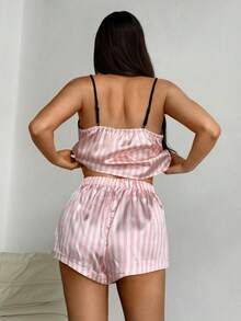 Aloruh 女士夏季撞色条纹印花吊带背心和抽绳腰短裤睡衣套装 - 淺粉色 - 查看 2