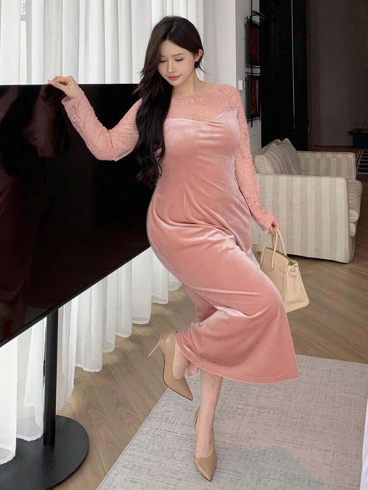 Dazy Plus Valentine Plus Size Women's Velvet Contrast Lace Bodycon Party Dress, Sexy & Stretchy For Dates Elegant Women Dresses Prom Dress - Pink - View 10