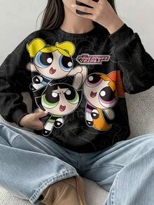 THE POWERPUFF GIRLS X SHEIN Tween Girl Casual Blossom, Bubbles, Buttercup Pattern Crew Neck Sweatshirt, Autumn - White - View 4