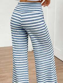 SHEIN Quần nỉ ống rộng cạp gập họa tiết sọc tương phản thường ngày cho bé gái tuổi teen, mùa xuân/hè trở lại trường - Nhiều màu - Xem 3