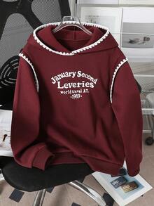 SHEIN 1pc Tween Girl Graphic English Print Pullover Sweatshirt, Burgundy, Autumn, Casual, School, Back-To-School Contrast Trim Design Comfortable Wear - Burgundy - View 5