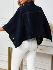 EMERY ROSE Women's Fleece Bat Wing Sleeve Single-Breasted Loose Denim Jacket,Navy Blue,Autumn,Oversized,Everyday Jean Shirt Top 2 Piece Denim Sets For Woman - Blue - View 2
