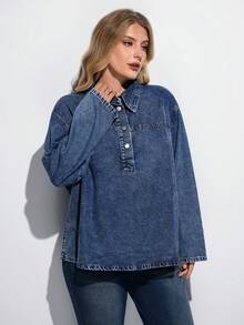 Maija Áo denim cỡ lớn gợi cảm tay dài rộng màu xanh áo sơ mi nữ mùa thu váy nữ áo sơ mi nữ áo cánh - Rửa tối - Xem 3