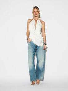 KIZN 优雅露背无袖上衣，深V领口，垂褶设计，适合夏季晚间休闲穿着。 - 白色 - 查看 3