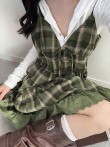 FRIFUL Colete feminino xadrez com alças, patchwork bordado, algodão, modelagem solta e versátil com laço decorativo, ideal para outono/inverno.