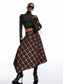 LYSMO 2025新款极简主义冬季女士棕色格子裹身不对称下摆时尚百搭半身裙，适合外出、休闲、圣诞节派对、新年等正式场合，秋季和冬季皆宜。 - 咖啡棕 - 查看 7