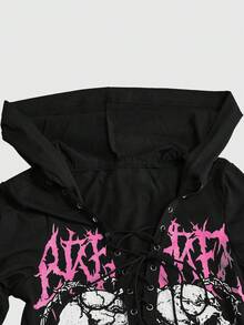 ROMWE Grunge Punk 朋克风女式街头骷髅印花荷叶边系带深V领T恤 - 黑色 - 查看 5