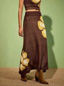 Felipe Marques Women's Floral Jacquard Knit A-Line Skirt, Suitable For Party And Casual Wear In Autumn And Winter - Brown - View 6