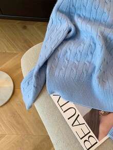 Airaco 女士纯色圆领长袖麻花针织套头毛衣 - 藍色 - 查看 4