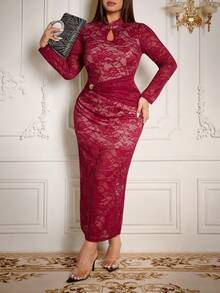 Roveilla Plus Size Women's Elegant Burgundy Autumn Lace Bodycon Maxi Dress,V-Neck Hollow Twist Luxury Cocktail Party Birthday Evening Curve Dress - Burgundy - View 4