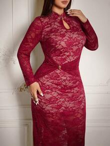 Roveilla Plus Size Women's Elegant Burgundy Autumn Lace Bodycon Maxi Dress,V-Neck Hollow Twist Luxury Cocktail Party Birthday Evening Curve Dress - Burgundy - View 7