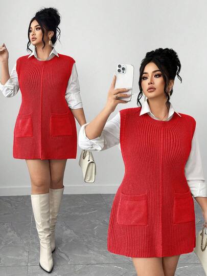 Elenzga Plus Size Women Loose Knit Crew Neck Casual Sleeveless Sweater Vest With Large Pockets, Solid Color, Autumn/Winter