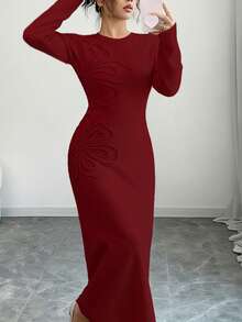 Selianne 女士纯色圆领长袖碎花修身针织连衣裙，秋冬款 - 酒紅色 - 查看 6