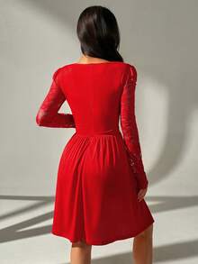 SHEIN Unity Women's Lace Trim Draped Neck Long Sleeve Dress, Suitable For Christmas, Valentine's Day, Party And Holiday Occasions, Spring/Autumn/Winter - Red - View 2