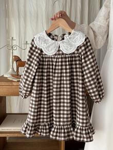 LMoss Kids Vestido casual de niña joven con cuello de cuadros tejidos, vestido de niña pequeña marrón, vestido de estilo francés de primavera y otoño para niñas, vestido a cuadros para niñas, vestido de otoño para niños, vestido a cuadros para niña, estilos acogedores de otoño e invierno, vestidos de otoño, manga larga