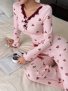 SHEIN Cherry Blossom Print Lace Trim Long Sleeve Pajama Set - Pink - View 1