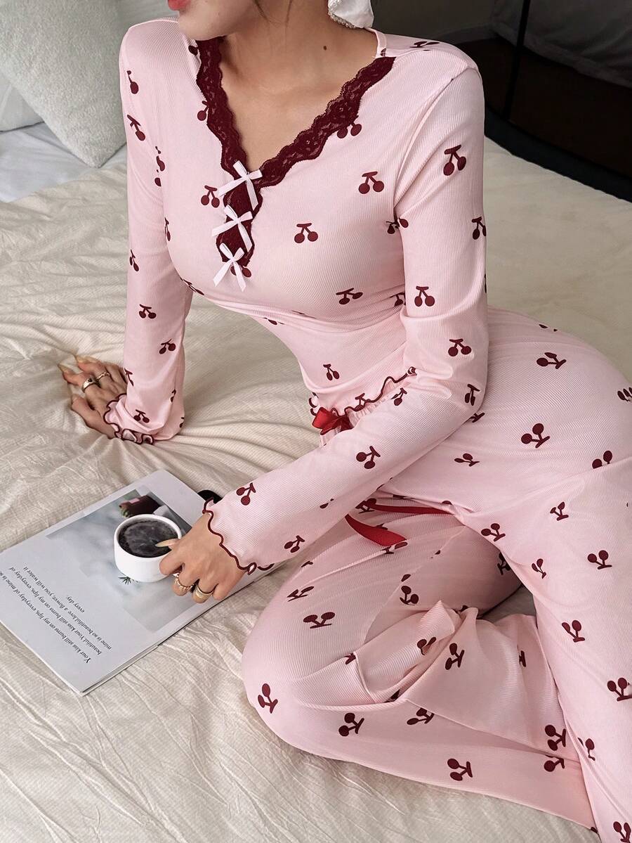 SHEIN Cherry Blossom Print Lace Trim Long Sleeve Pajama Set - Pink - View 1