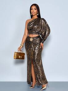 SOLERSUN Women's Elegant Brown And Gold Leopard Print Maxi Skirt,Metal Decor Waist Twist Slit High-End Metallic Texture,Autumn Hot Seductive Night Party - Black - View 1