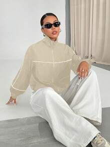 SHEIN Unity 白色拉链运动夹克，饰有条纹滚边 - 卡其色 - 查看 5