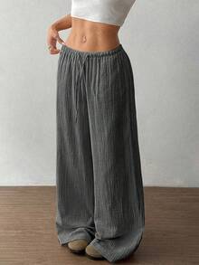 Flirla Quần ống đứng cotton cạp siêu thấp thường ngày cho nữ - Màu xám đen - Xem 3