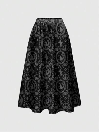 Jupe femme imprimée intégrale gothique, rose, croix baroque, rétro