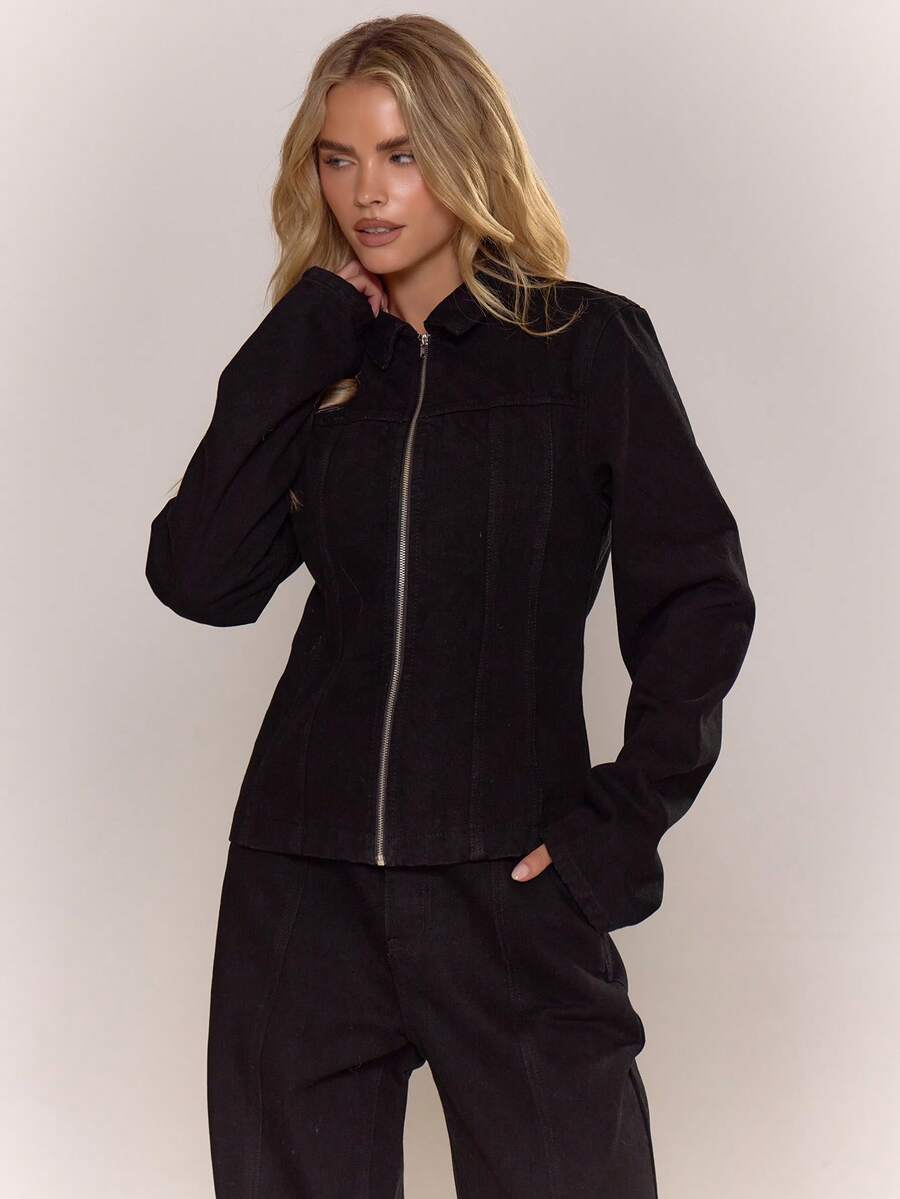 MUSERA Washed Bleached Denim Paneled Zip Down Collared Jacket Only Old Money Cute Country Cottage Core Back To School Casual For Women Butterscotch Back To School Office Work Winter Chic Spring Summer - Black - View 1