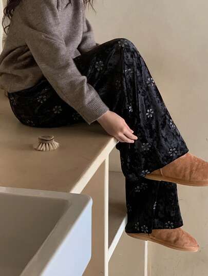 DAZY 少女黑色丝绒面料花卉刺绣弹力腰抽绳直筒宽松休闲裤