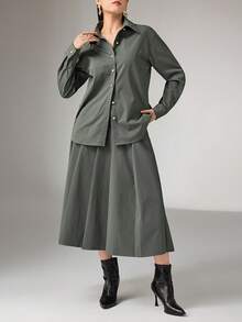 Heiryn 女士纯色衬衫和百褶裙两件套，时尚通勤 - 綠色 - 查看 6