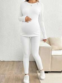 SHEIN 孕婦休閒純色保暖內裡上衣與褲子2件套，冬季白色絲滑簡約休閒日常孕婦穿搭內搭褲保暖衣 - 白色 - 查看 5