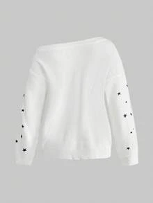 ROMWE Fairycore Damen Loose Fit Schräg Schulter Pullover mit dunklem okkultem Katzen- und Sternenmuster - Beige - Übersicht 2