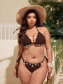 Swim Vcay 2026 Women's Plus Size Swimwear Set,Boho Shell Decor Crochet Beach Bikini,Summer Holiday Vacation Outfit Swimwear - Brown - View 5