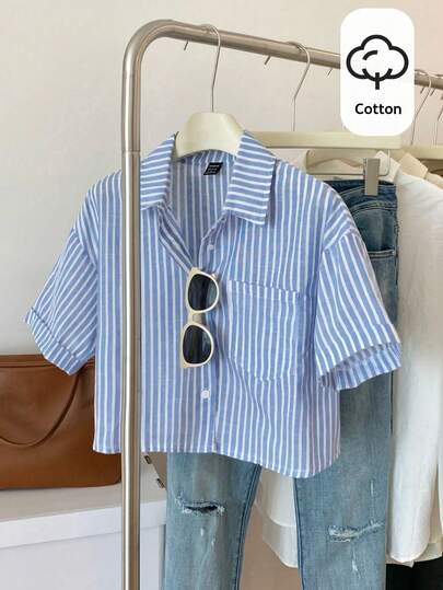 Elamini Camisa de mujer de manga corta casual holgada con estampado de rayas, manga enrollada