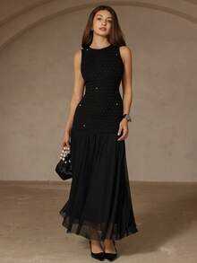 Chiquease 优雅派对度假连衣裙，黑色水钻网纱拼接A字修身连衣裙，无袖，后背隐形拉链。 - 黑色 - 查看 5