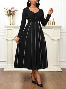 SHEIN Lady Women's Elegant Party Seam Pleated Mid-Length Dress - Black - View 5