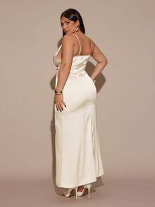 SHEIN BAE Váy satin thắt eo thanh lịch màu mơ cỡ lớn dành cho nữ - Màu be - Xem 3