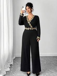 Elenzga 大码女式优雅长袖金色蕾丝拼接收腰直筒连体裤，适合日常通勤、派对、夜店穿着 - 黑色 - 查看 3