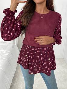 SHEIN Áo thun cho con bú cổ tròn tay dài họa tiết hoa chắp vá dành cho bà bầu - Màu Đỏ Sâu - Xem 3