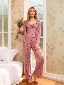SHEIN 3pcs Floral Soft Knit Pajama Set, Winter Clothes - Dusty Pink - View 1