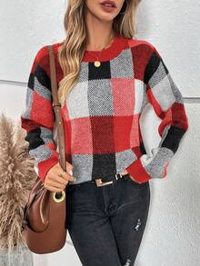 EMERY ROSE 女士圆领格子条纹宽松休闲套头毛衣 - 紅色 - 查看 5