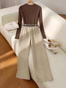 Franclia 2pcs Women's Elegant Fitted V-Neck Long Sleeve T-Shirt And Straight Leg Pants With Metal Belt, Commuter Outfit, Autumn Office Outfits For Women Set Pants Suit Elegantcasual Brown Set Women Elegant Jumpsuits - Brown - View 2