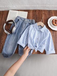 2pcs Young Girl Woven Striped Casual Shirt And Denim Pants Set - Multicolor - View 1