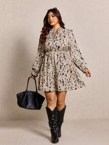 Elaquor Modisches Langarm-Kleid mit Allover-Muster in Große Größen, Herbst - Verschiedenfarbig - Übersicht 3