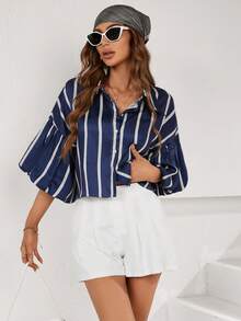 Aveloria Modichic Women's Striped Single-Breasted Ruffle Sleeve Loose Blouse - Navy Blue - View 5