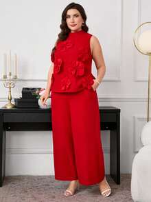 Ellevyn 大码女装两件套，优雅红色花卉图案两件套，派对礼服两件套，包含无袖上衣和长裤 - 紅色 - 查看 3
