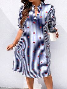 EMERY ROSE 大码女式条纹印花简约日常连衣裙长款套装 - 藍色 - 查看 4