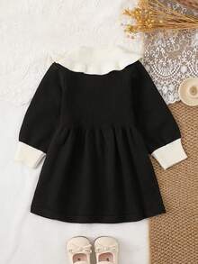 Sukienka sweterkowa z kołnierzykiem polo dla malucha, sukienka dzianinowa z długim rękawem i kokardką, styl uniwersytecki, odpowiednia do noszenia na co dzień, na wyjścia, święta i imprezy, może być prezentem