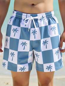 SHEIN 男童格子椰树印花抽绳腰休闲运动沙滩短裤 - 彩色 - 查看 5