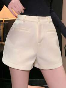 DAZY 女士加厚白色仿羊毛混纺商务休闲办公短裤，带口袋，直筒版型，秋冬季