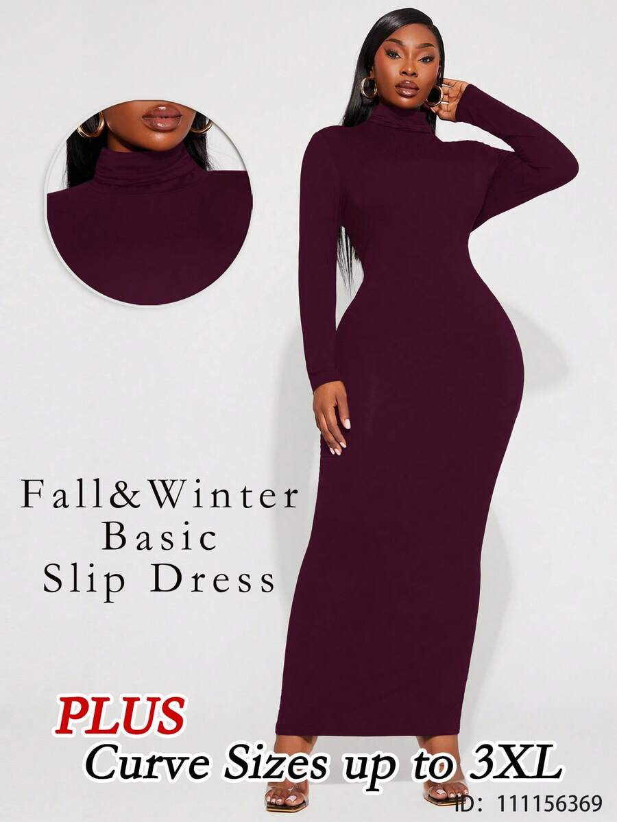 Radiana Vestido Básico Diário Elegante e Sexy para Mulheres Plus Size, Gola Alta, Modelagem Justa, Adequado para Uso Diário e Apresentações de Música Country - Vinho - Visão 1
